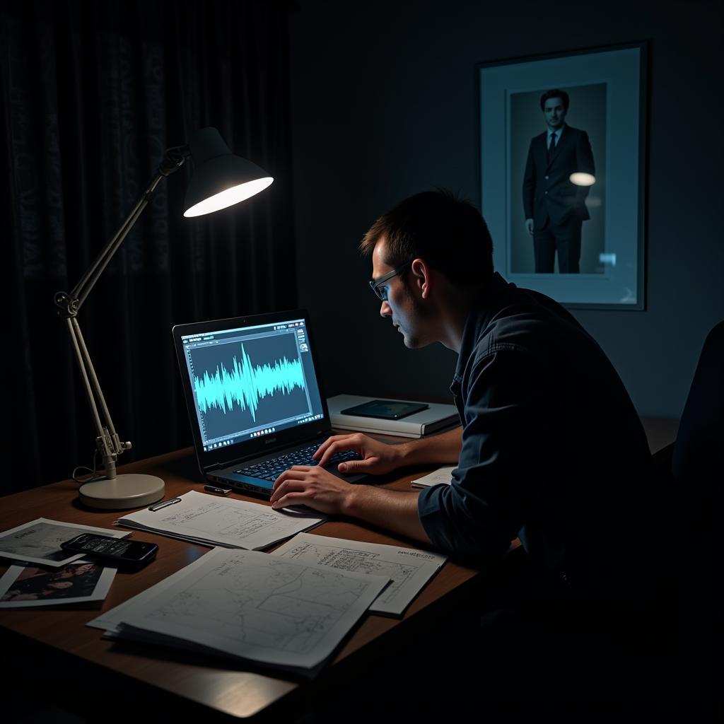 Paranormal investigator analyzing audio recordings and photographs.