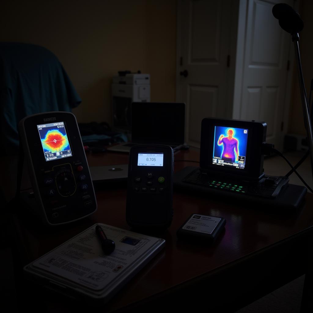 An array of high-tech paranormal investigation equipment set up in a darkened room