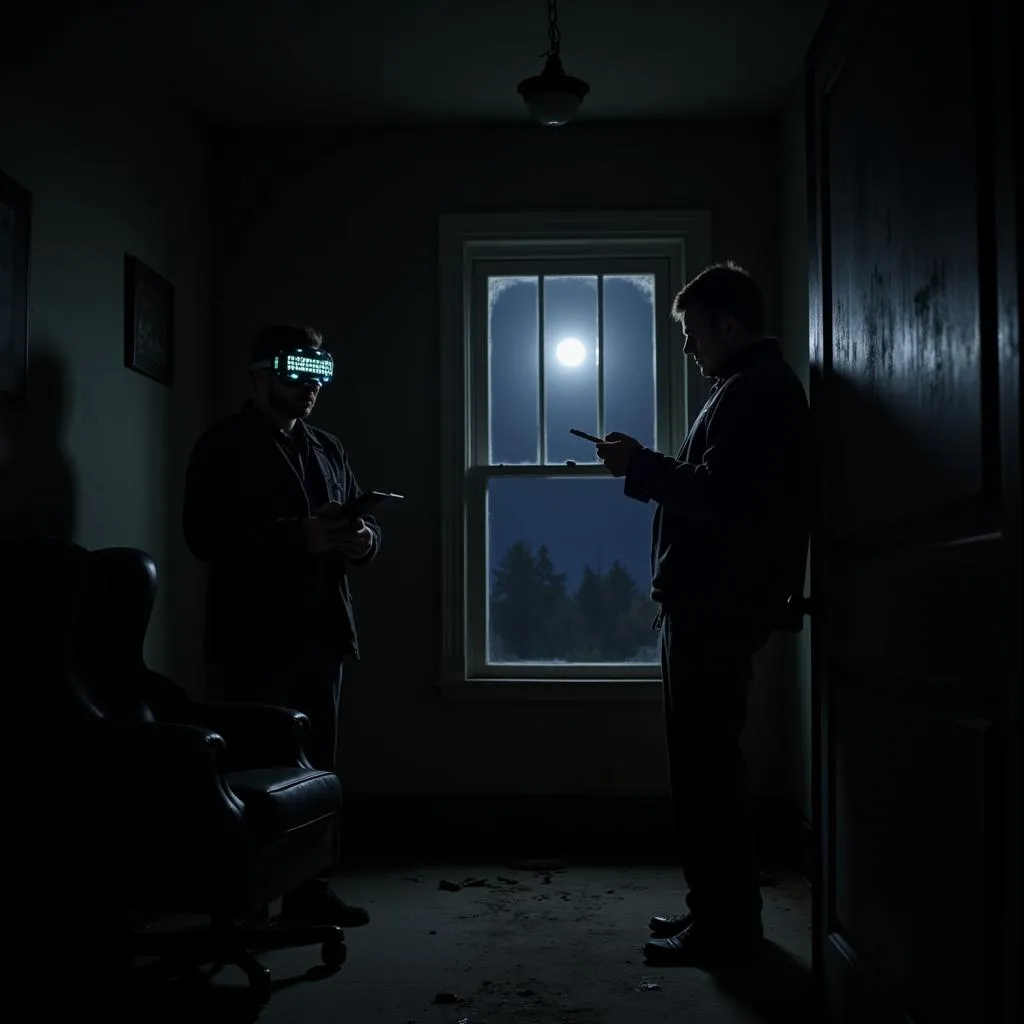 Paranormal investigators using an electric eye mask during an investigation