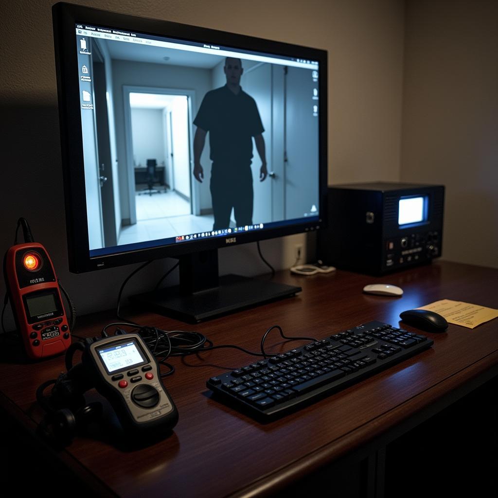 An array of paranormal investigation equipment set up inside 11805 Research Pkwy, including EMF meters, EVP recorders, and infrared cameras.