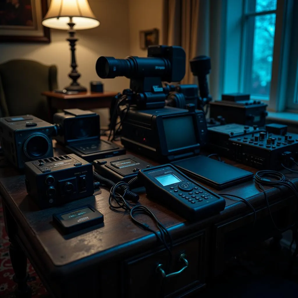 An array of high-tech equipment used in paranormal investigations.