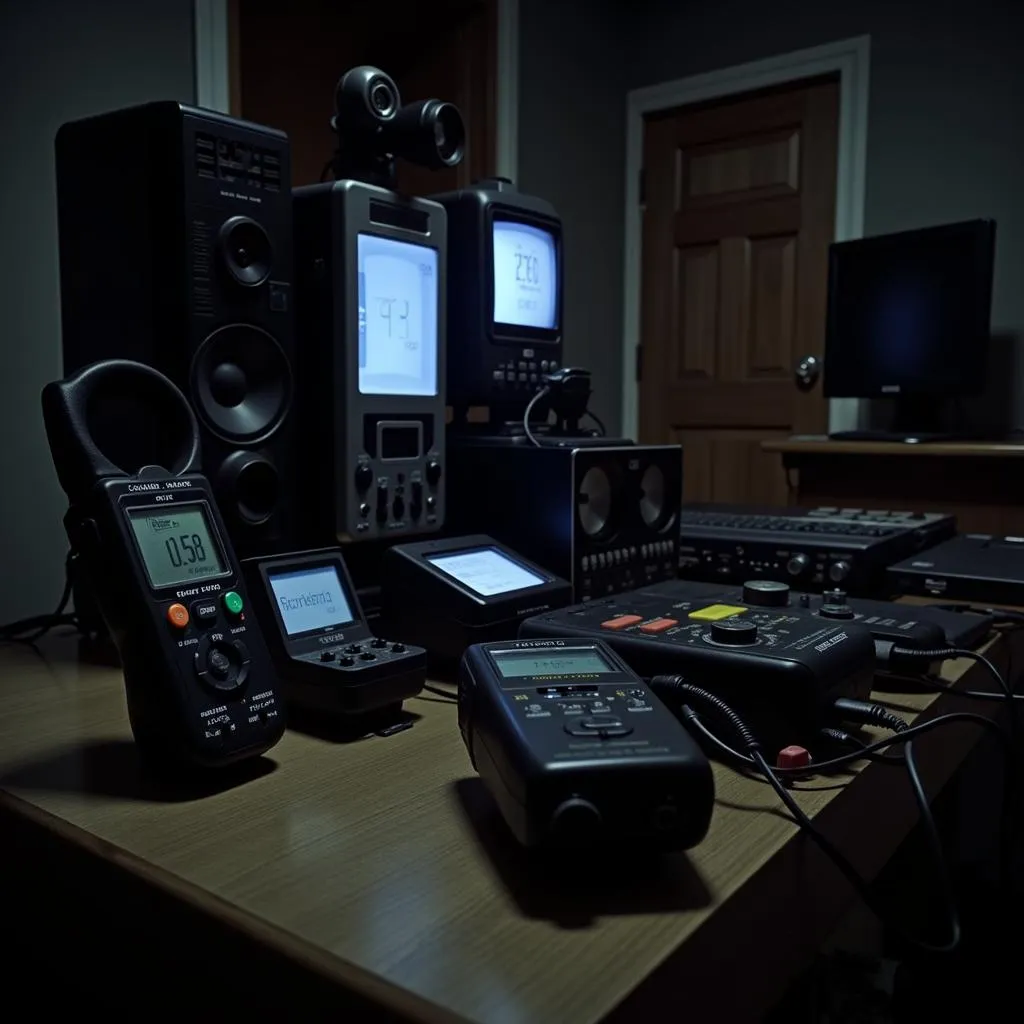 Paranormal investigation tools set up in a dimly lit room