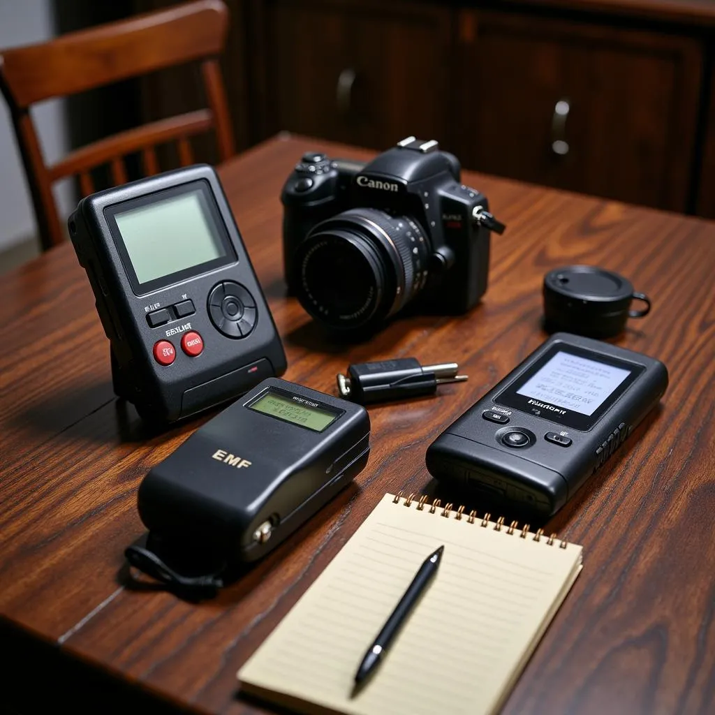 Paranormal investigation equipment laid out on a table