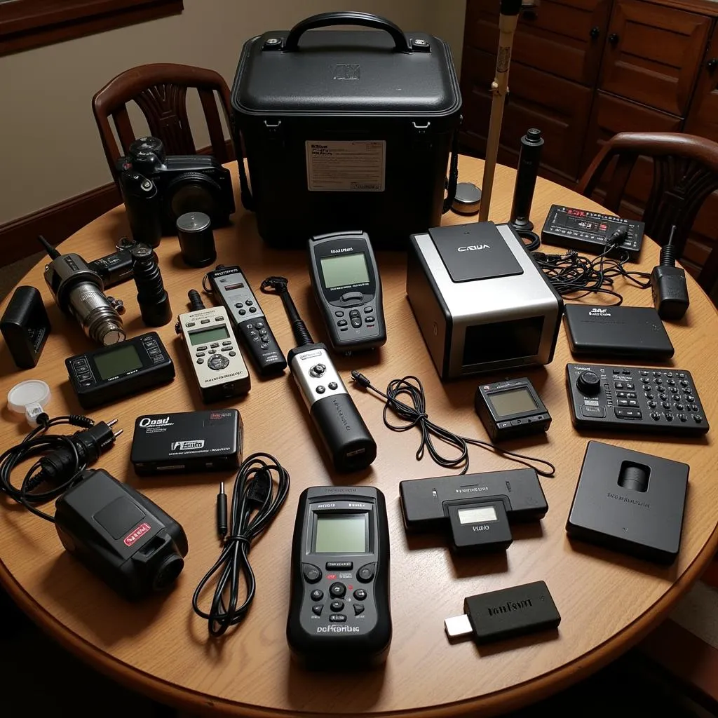 Paranormal equipment laid out on a table