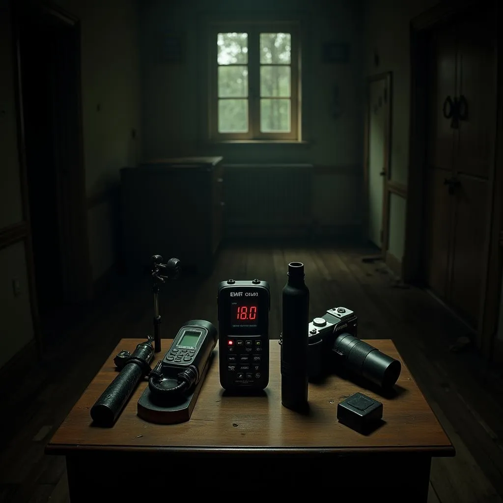 Paranormal investigation tools arranged on a table