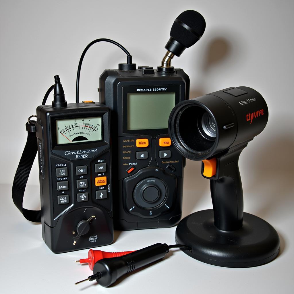 An assortment of paranormal investigation equipment laid out on a table, including EMF readers, digital recorders, and infrared cameras