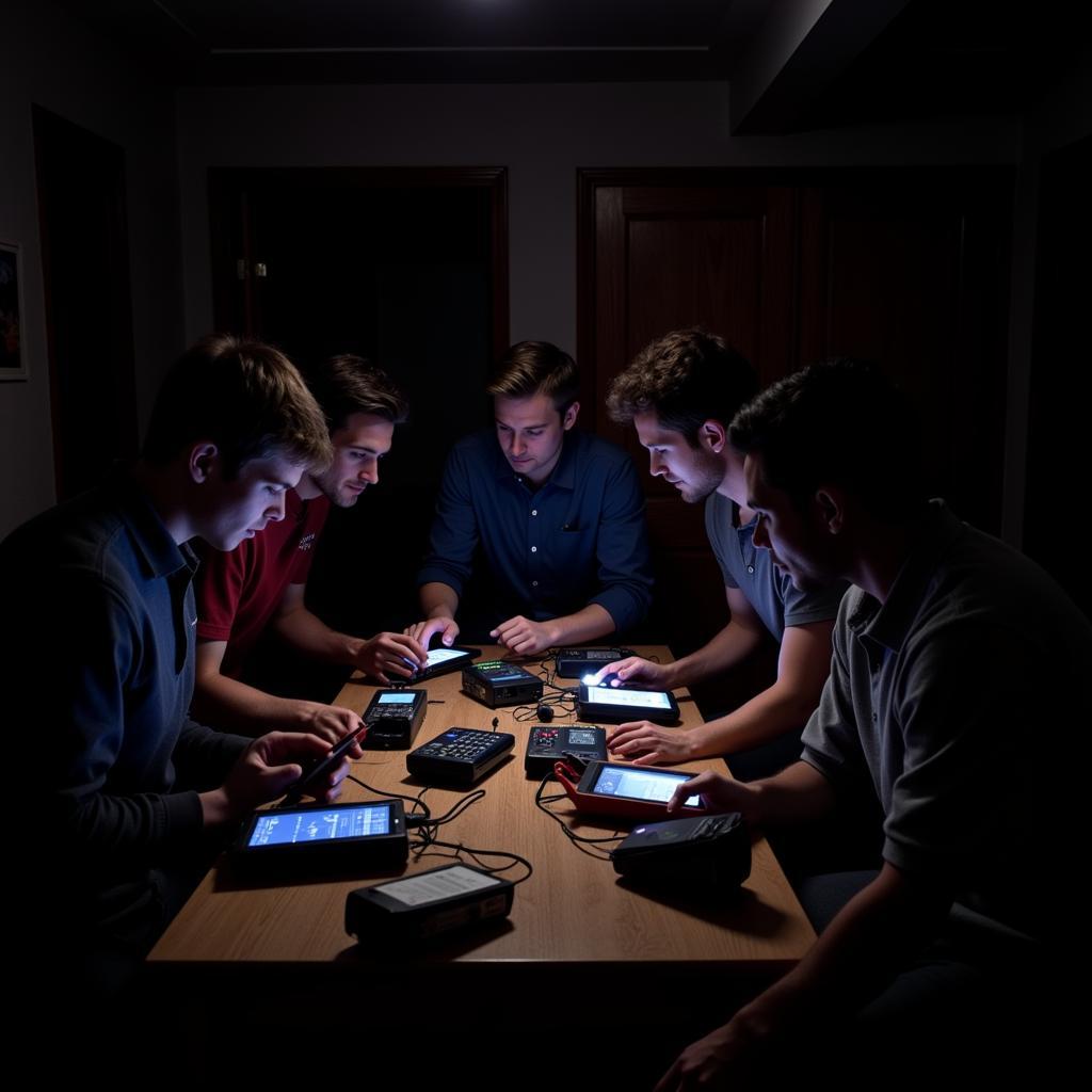 Paranormal investigation team setting up equipment in a dimly lit room.