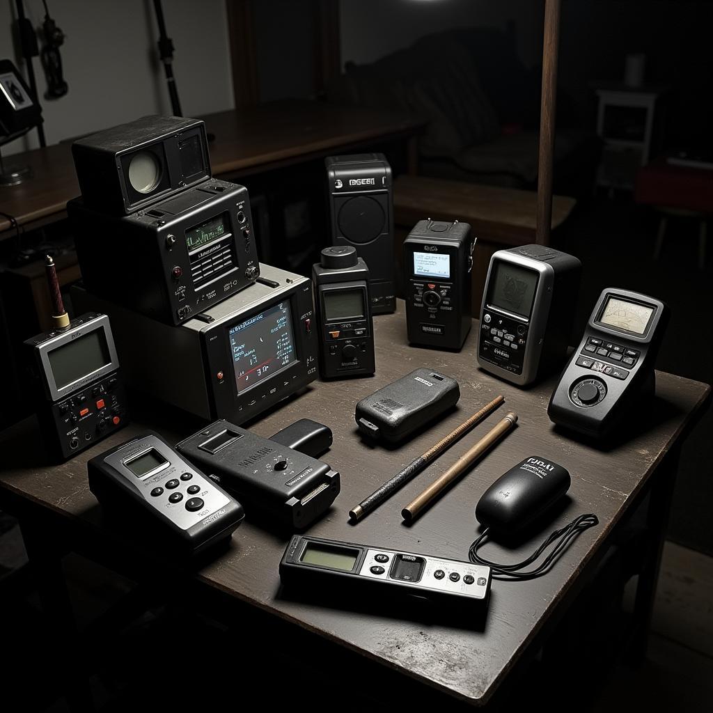 Various equipment used in paranormal investigation including EMF readers, cameras, and voice recorders.