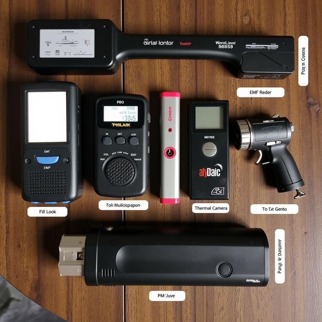 Paranormal investigation equipment laid out on a table