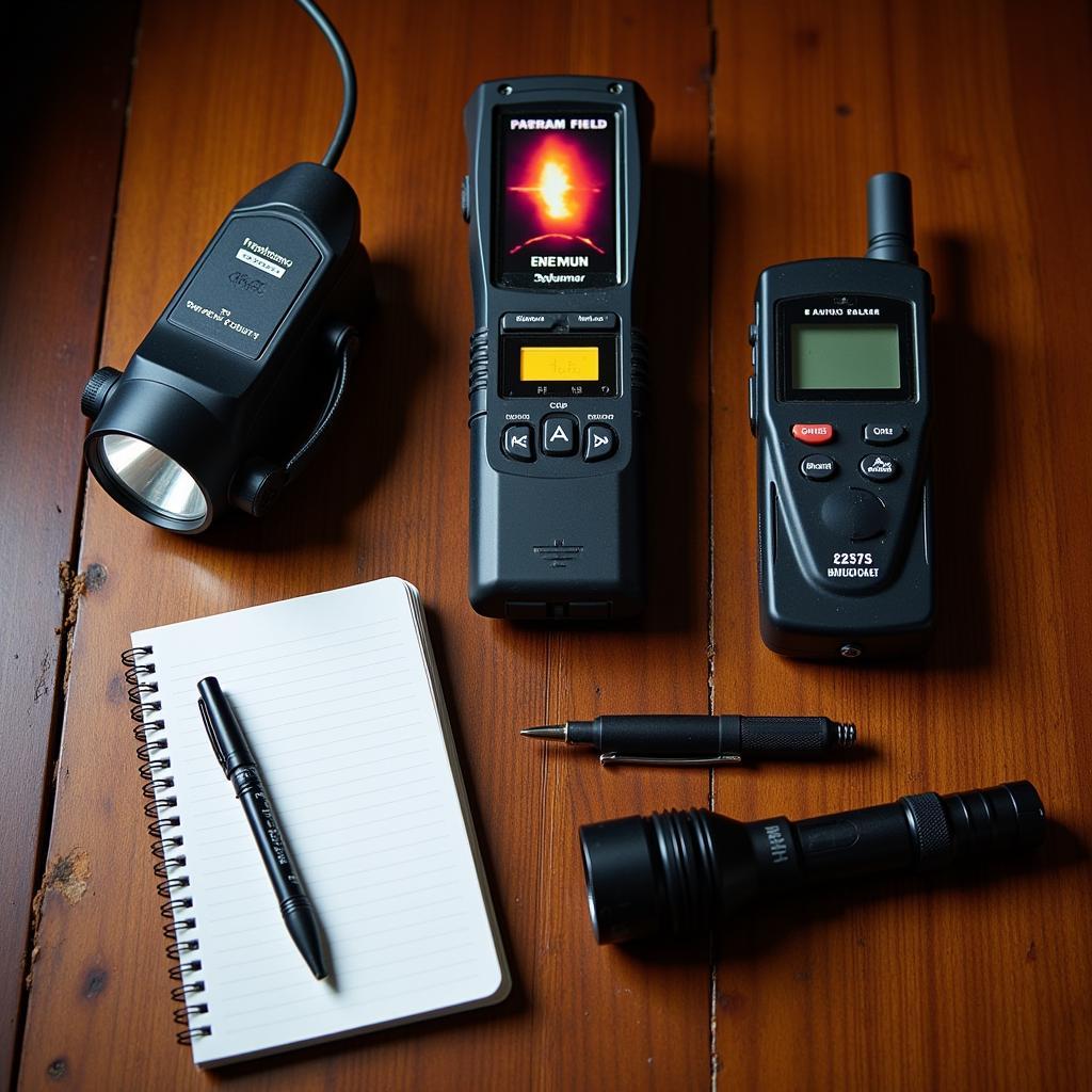 Paranormal investigation equipment laid out on a table, ready for use