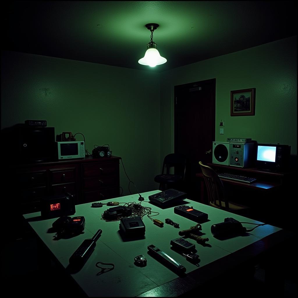 Paranormal investigation equipment laid out on a table