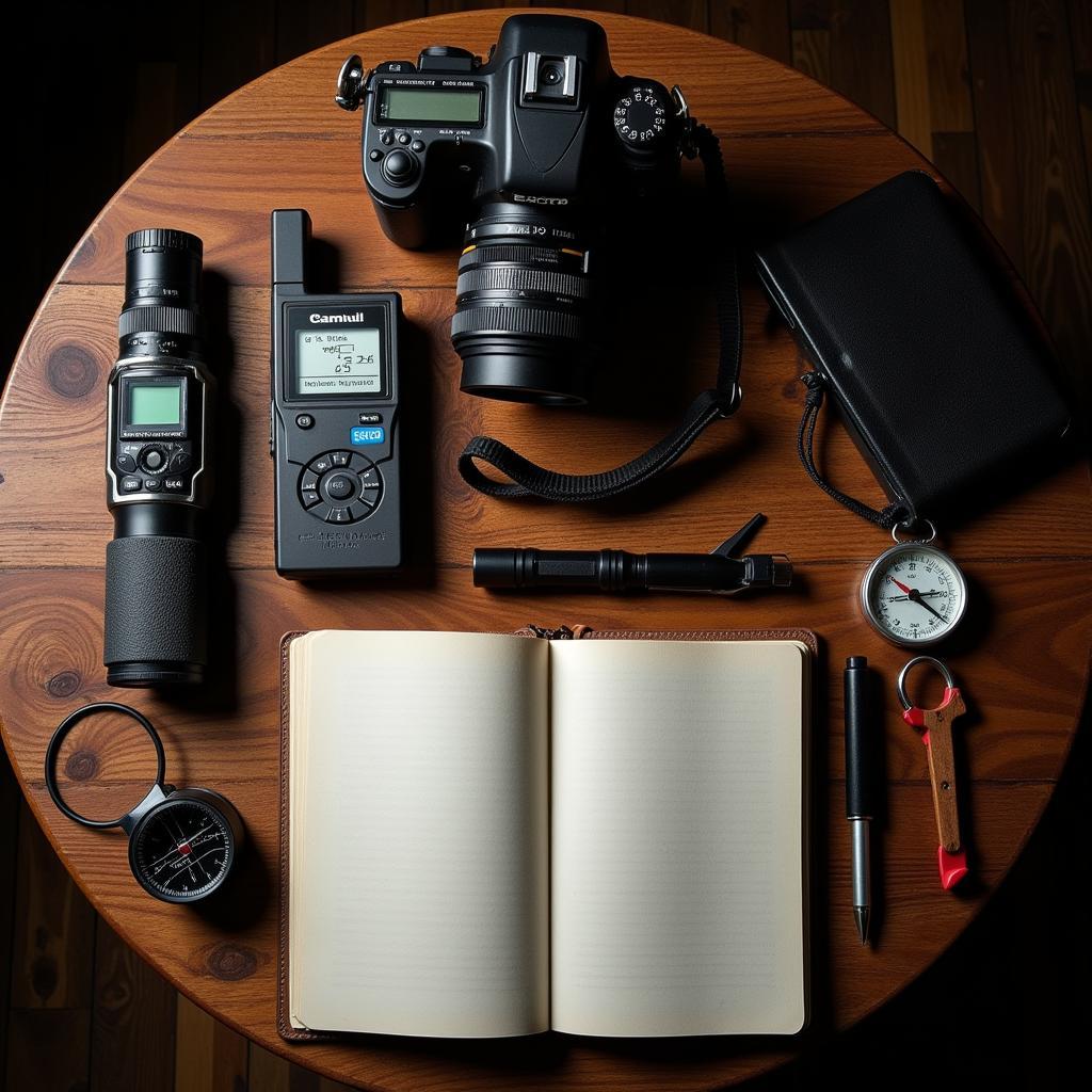 Paranormal investigation equipment laid out on a table