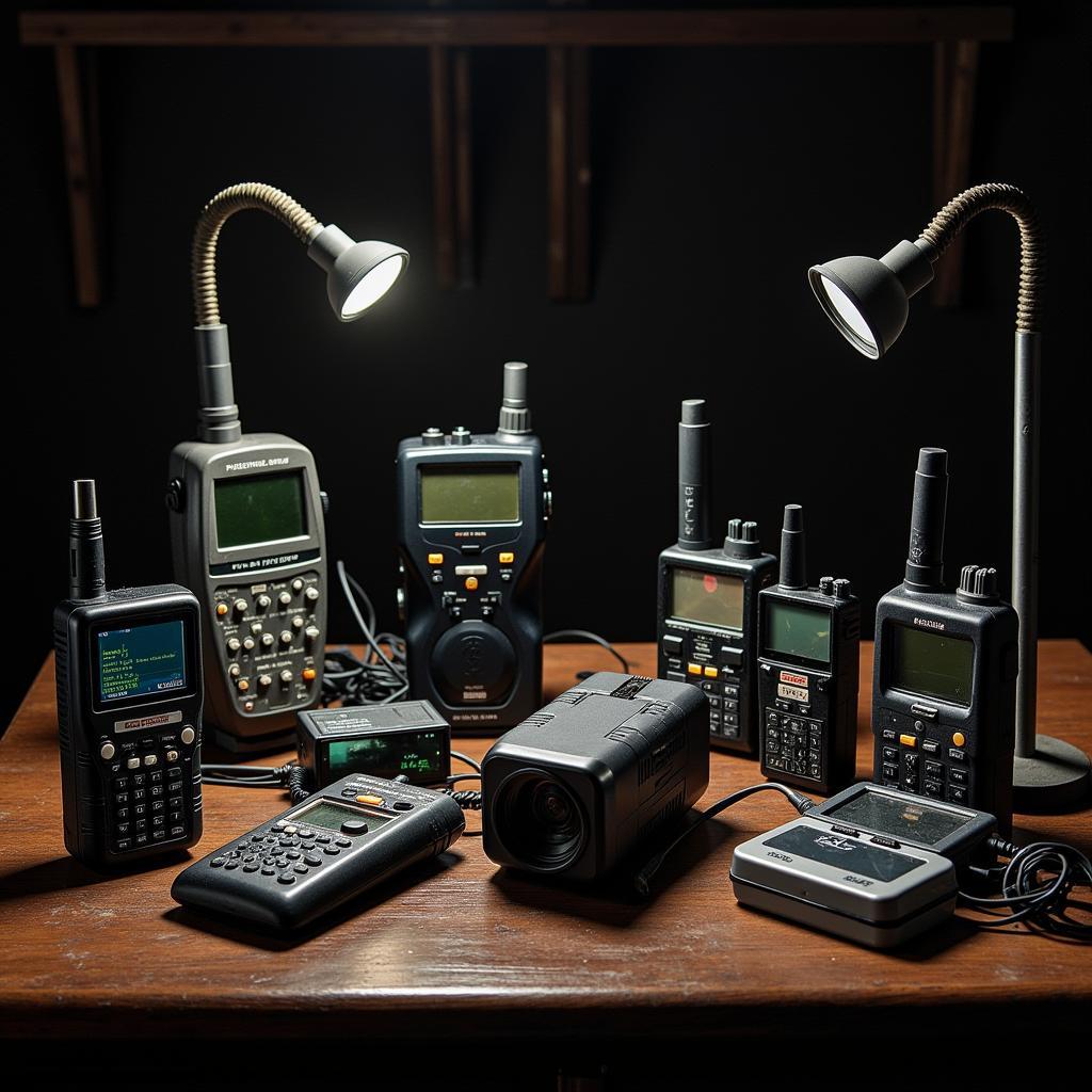 Collection of paranormal investigation equipment laid out on a table