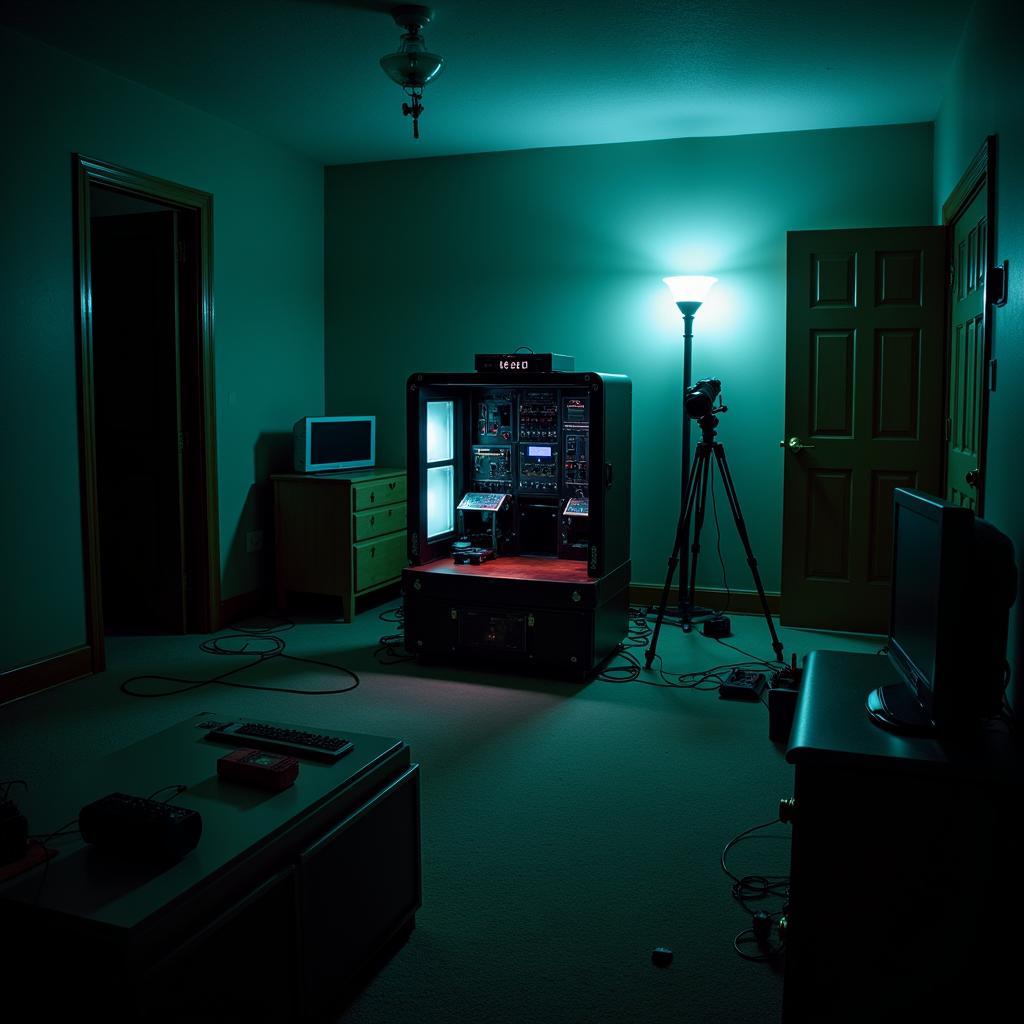 Paranormal investigators using various equipment, including a kinetic research group x-ray chassis, to detect paranormal activity