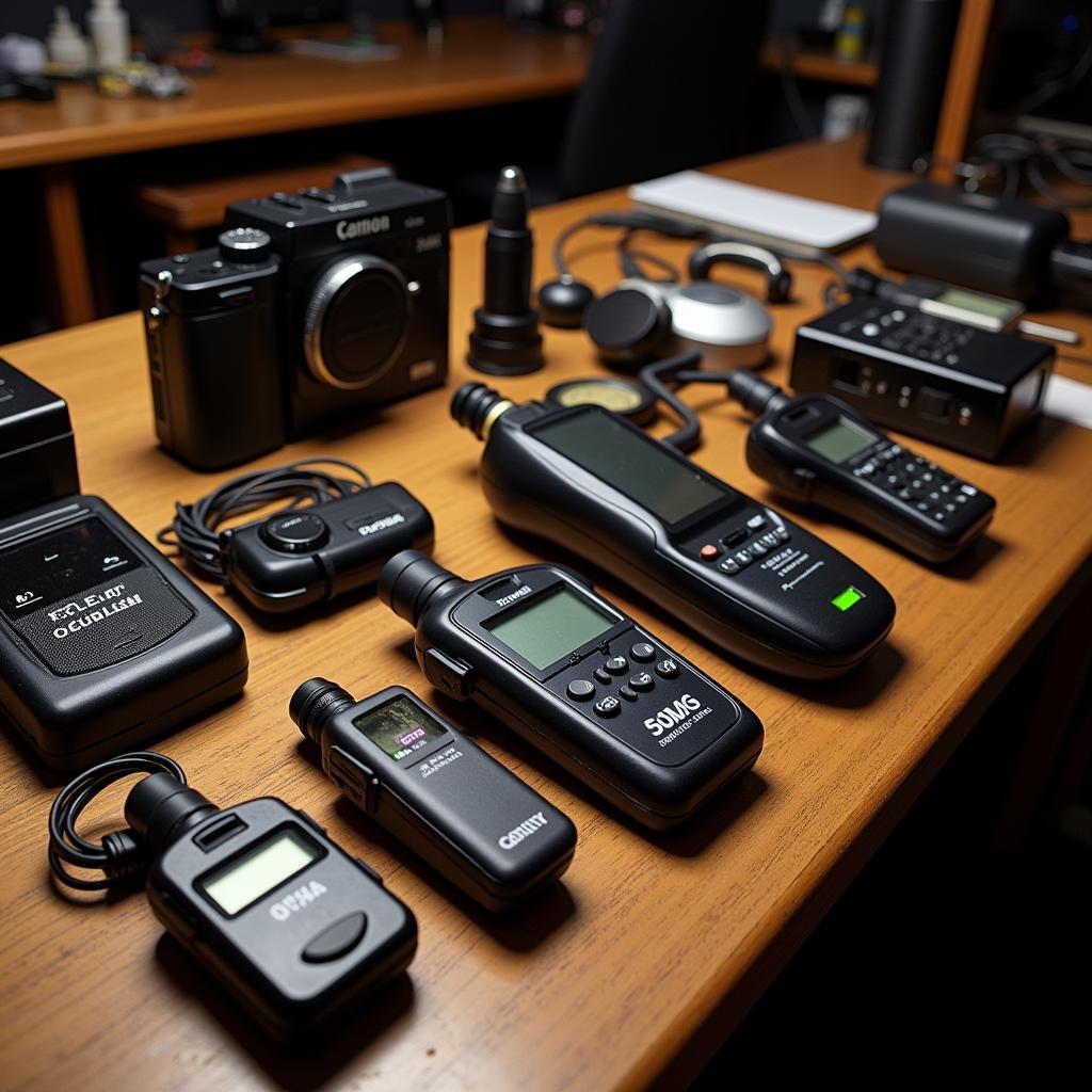 Paranormal investigation equipment laid out on a table, including EMF readers, cameras, and audio recorders.