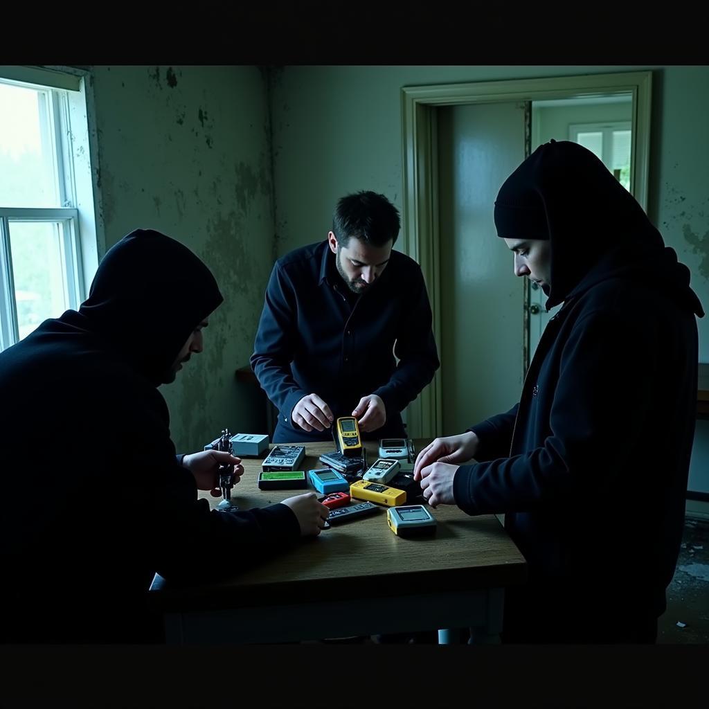 Paranormal investigation team setting up equipment in a room at the Weld Hill Research Building