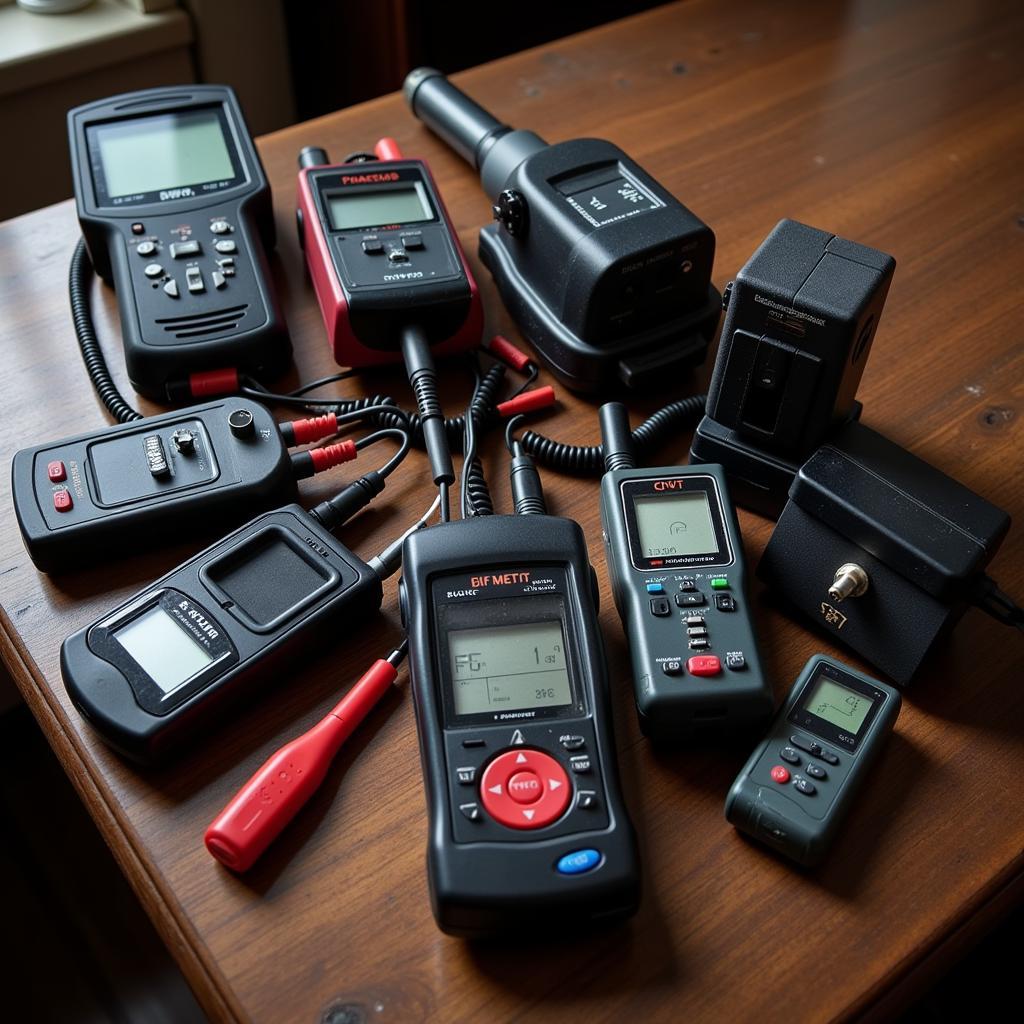 An array of paranormal investigation equipment laid out on a table 