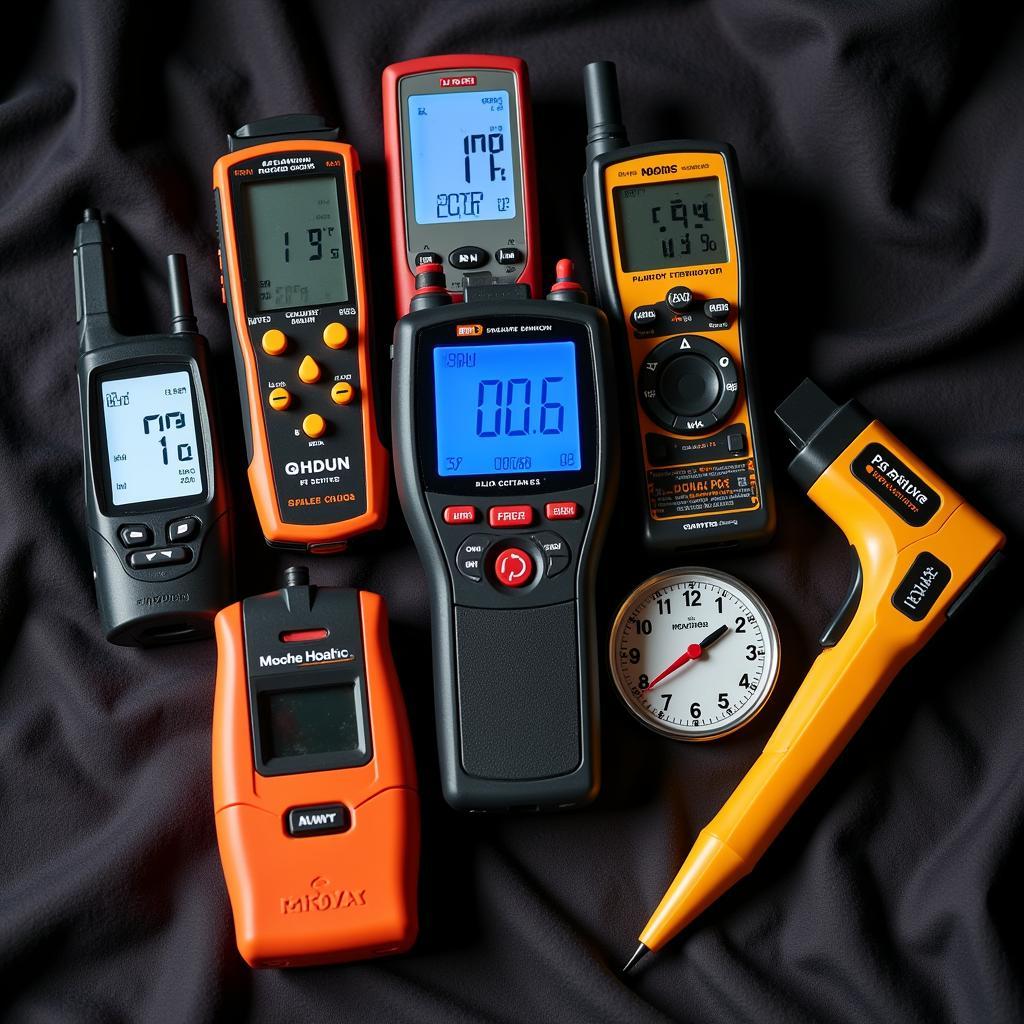 An assortment of paranormal investigation equipment laid out on a table