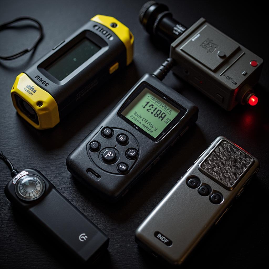 Paranormal investigation equipment laid out on a table