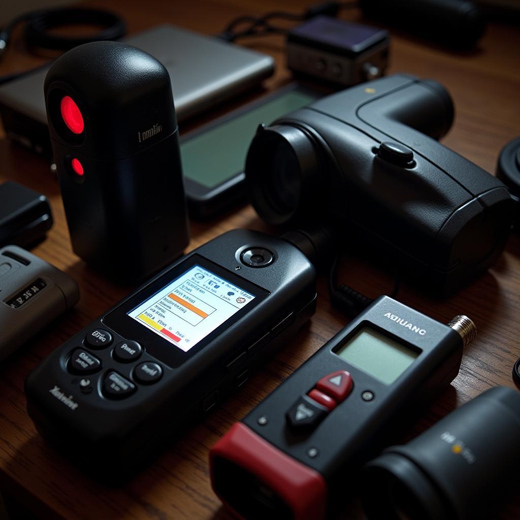 Paranormal investigation equipment laid out on a table