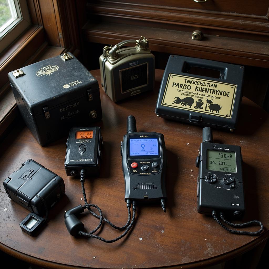 Paranormal investigation tools laid out on a table