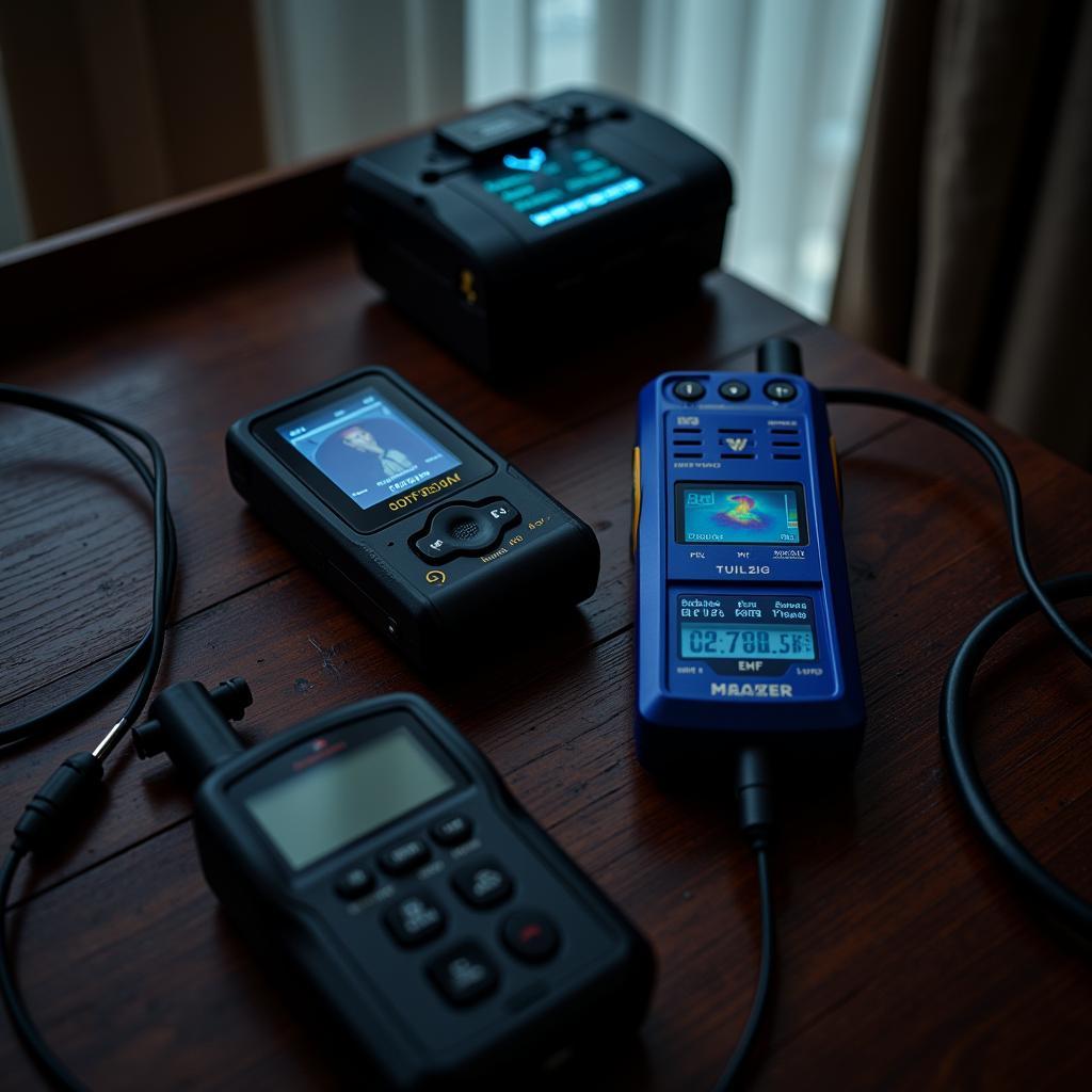 Paranormal investigation equipment: EMF reader, thermal camera, and audio recorder.