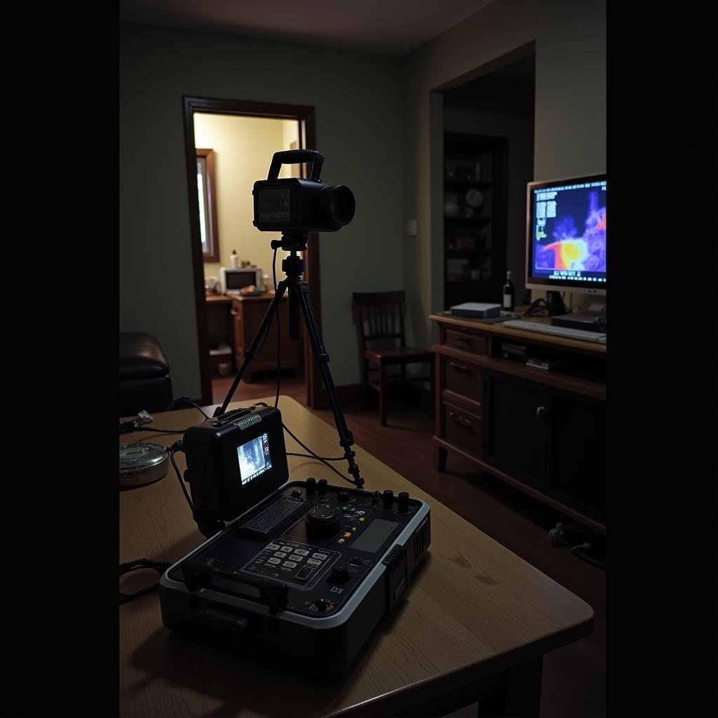 paranormal research equipment set up in a darkened room