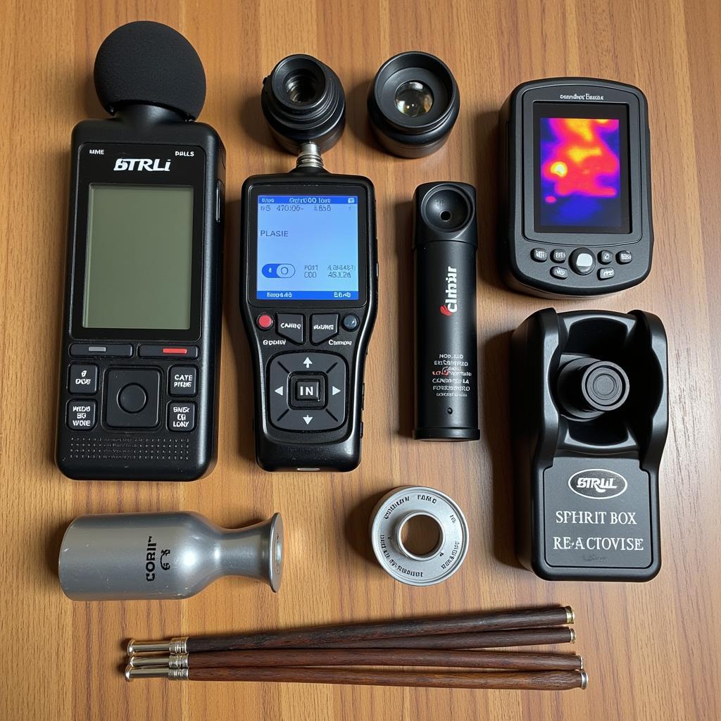 A table laid out with various pieces of equipment used in paranormal investigation