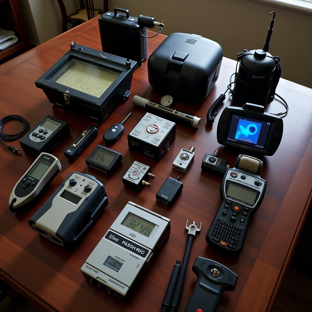 Paranormal investigation equipment laid out on a table