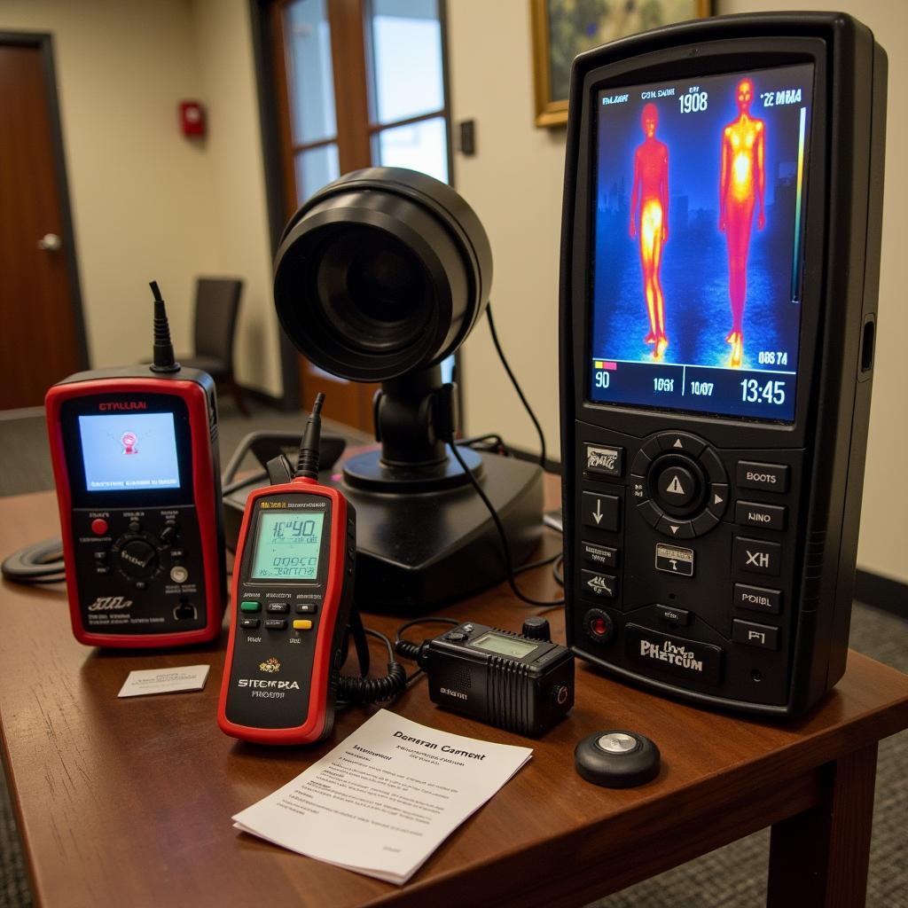 Various paranormal investigation tools laid out on a table inside 865 Research Parkway, including an EMF meter, thermal camera, and audio recorder.