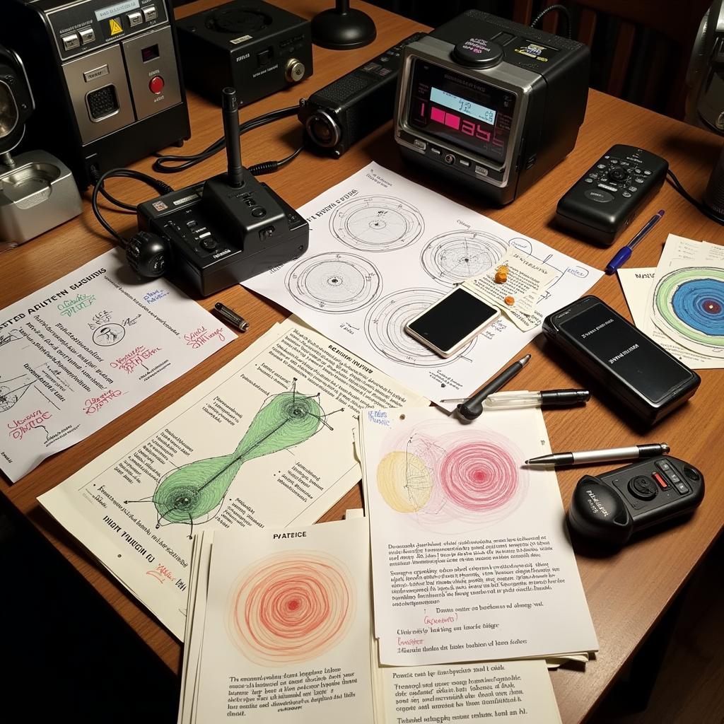 An assortment of paranormal investigation equipment alongside handwritten notes and diagrams related to emotional energy.