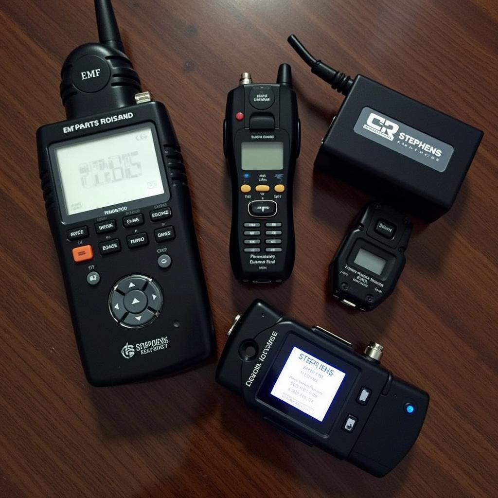 An assortment of equipment commonly used in paranormal investigations, including EMF readers, digital voice recorders, cameras, and thermal imaging devices.