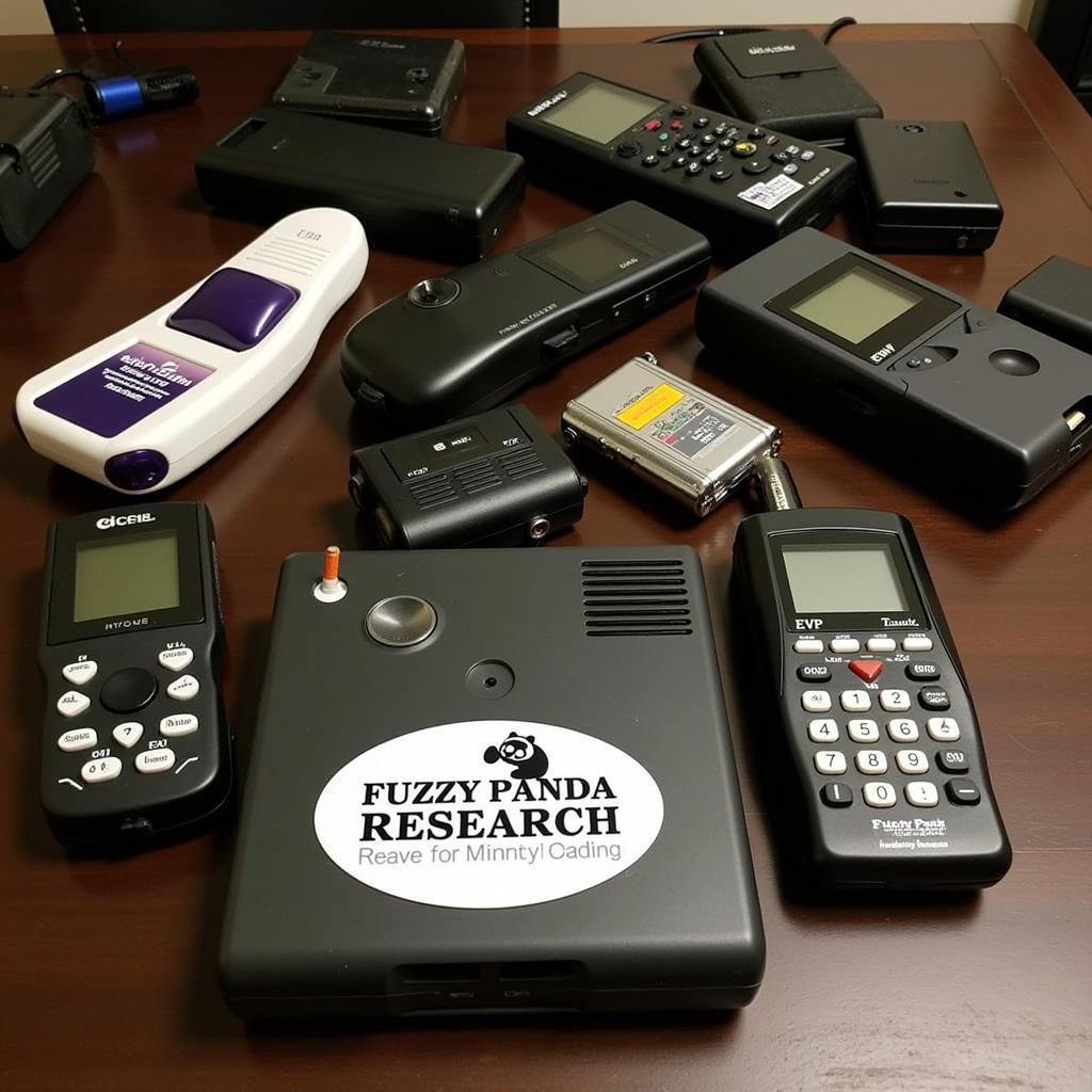 Paranormal investigation equipment scattered on a table with a Fuzzy Panda Research sticker