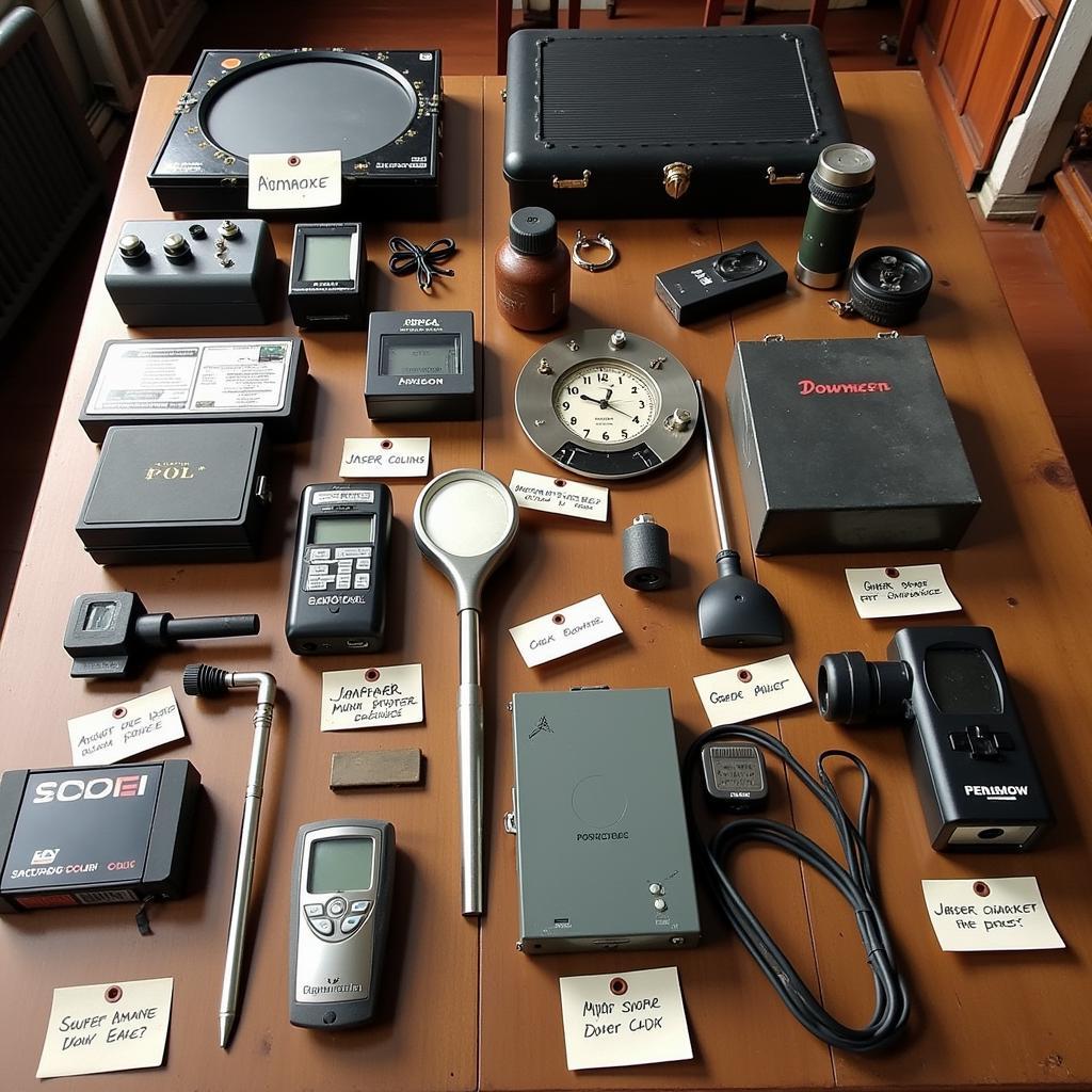 An assortment of paranormal investigation equipment neatly arranged on a table, each piece labeled with a small tag reading "Jasper Colin."