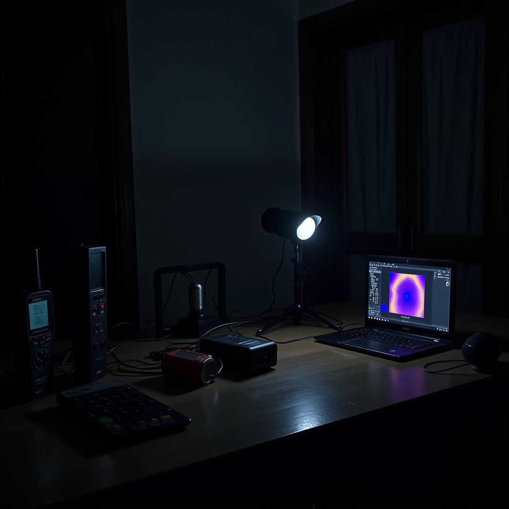 An array of equipment used for a paranormal investigation