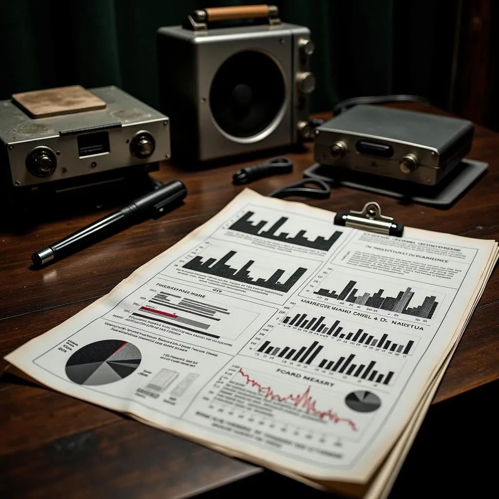 Paranormal investigation report open on a table, featuring charts and graphs analyzing evidence.