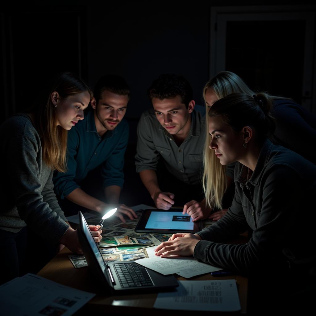 Paranormal investigation team examining evidence