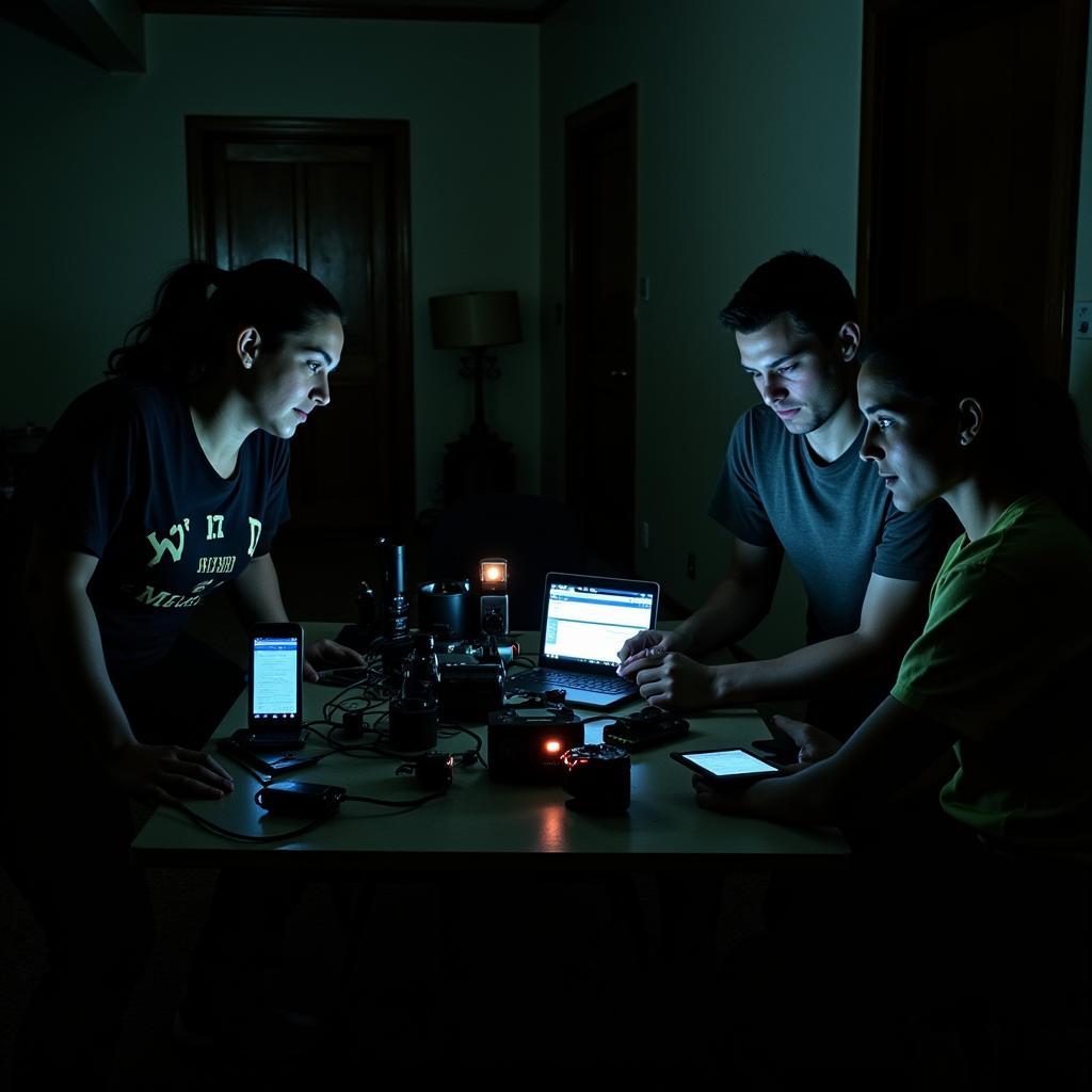 Paranormal investigation team setting up equipment