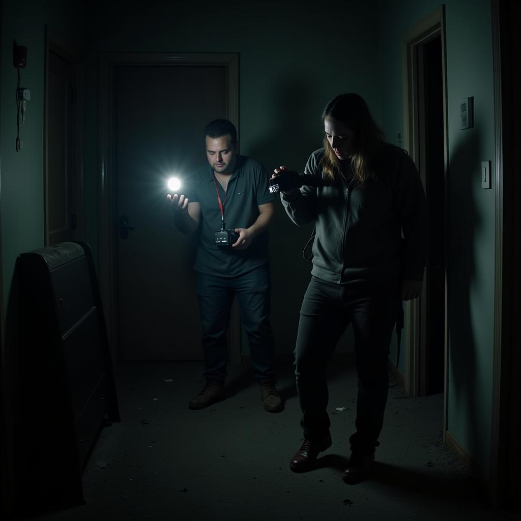 a team of paranormal investigators using EMF readers and cameras in a dark, dusty room