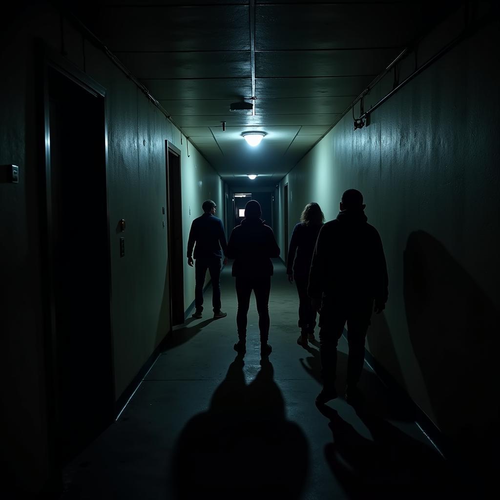 A group of people in dark clothing with flashlights and EMF readers exploring the darkened hallways of 777 Research Drive.