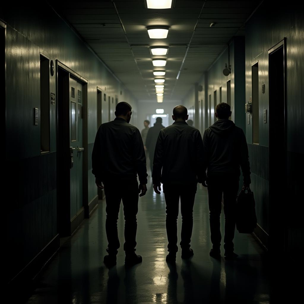 A paranormal investigation team exploring the American Glass Research Building at night, armed with EMF readers and other equipment.