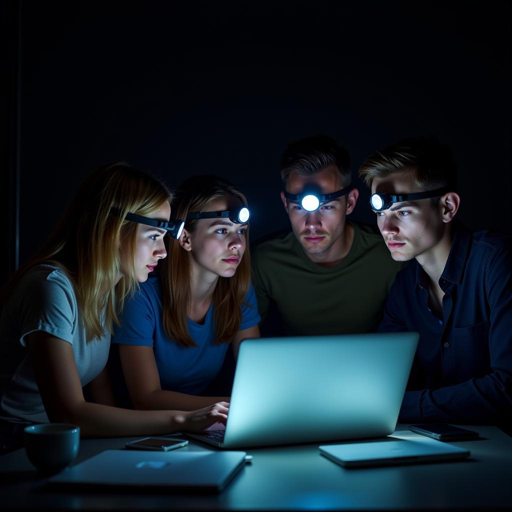 A team of paranormal investigators huddled around a laptop, analyzing data.