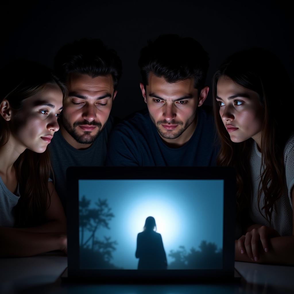 Team of paranormal researchers huddled together, examining photographic evidence