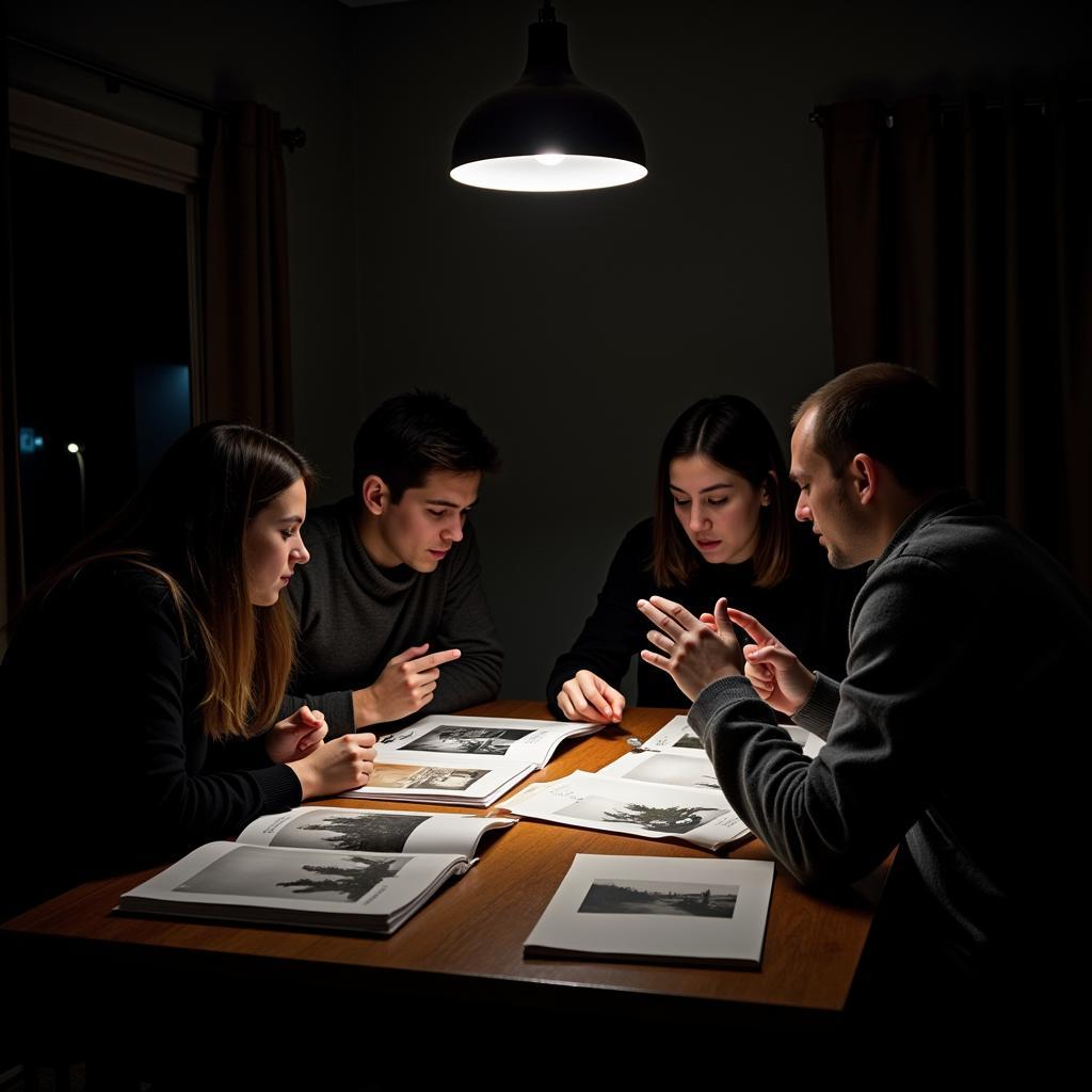 A group of paranormal investigators huddled around a table examining photographs and audio recordings.