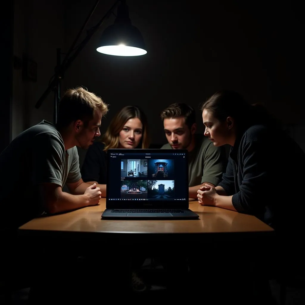 Paranormal investigators gathered around a table reviewing evidence