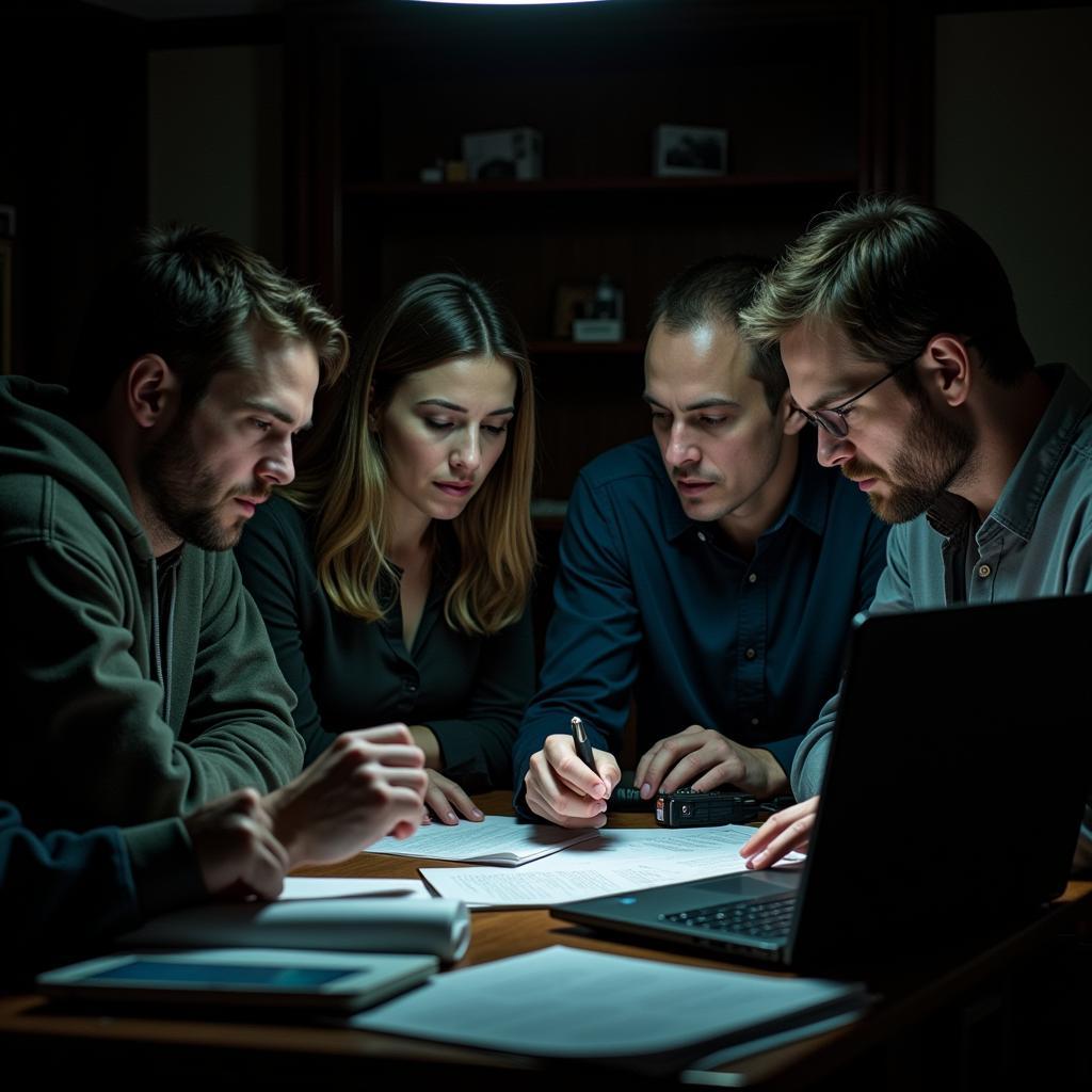 A team of paranormal investigators gathered around a table, reviewing audio recordings and thermal images