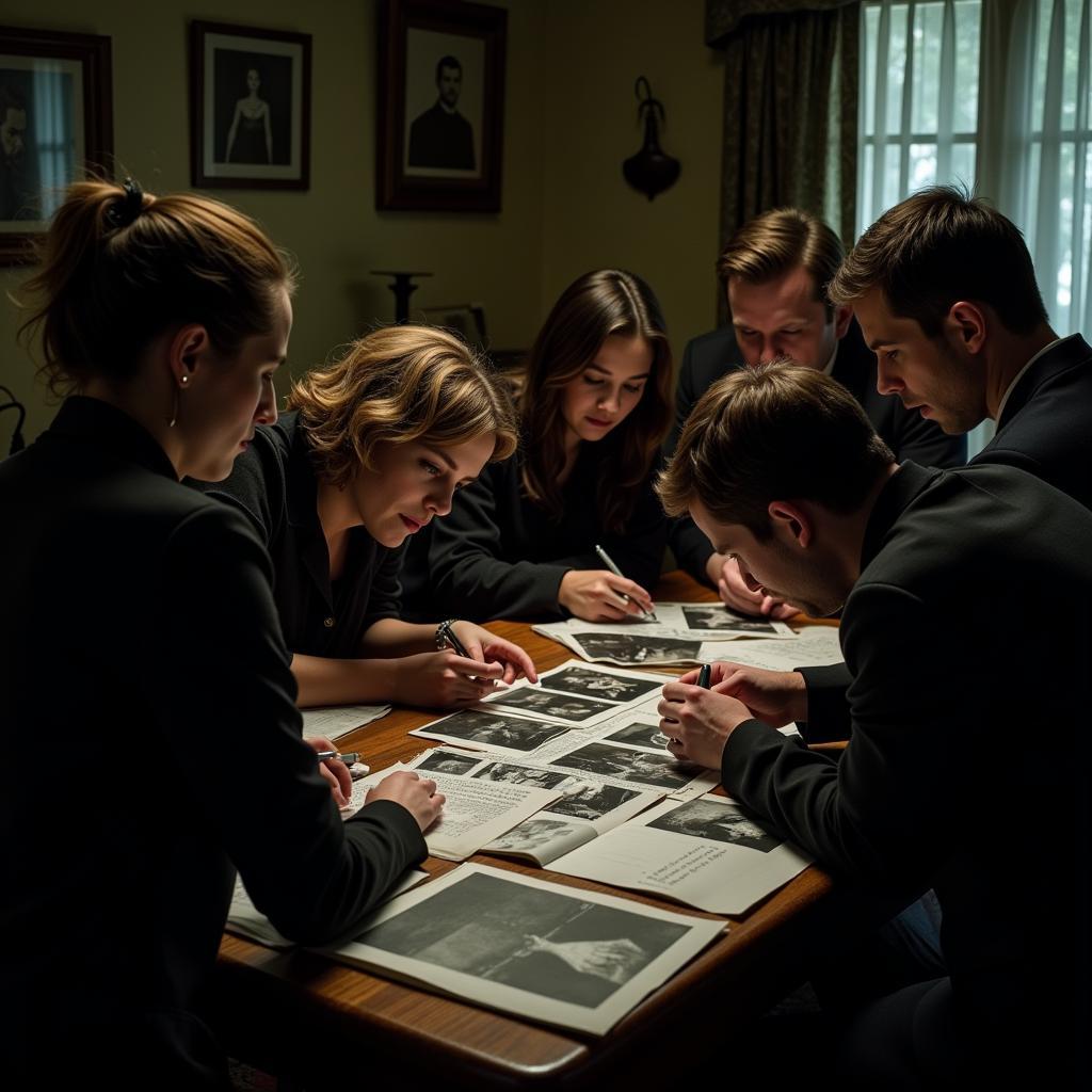 Paranormal investigation team examining evidence