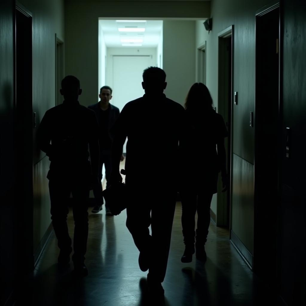 A group of individuals with equipment exploring a darkened hallway