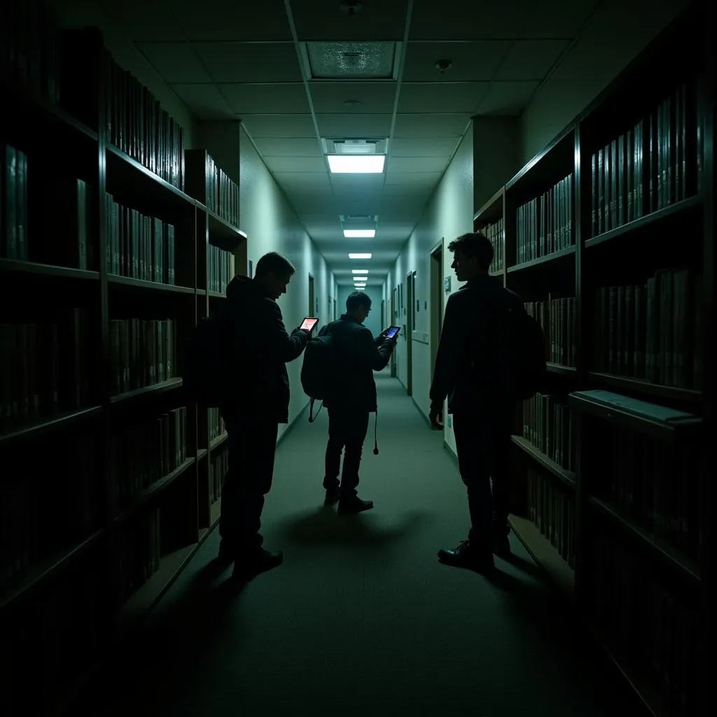 Paranormal Investigation Team in Library at Night