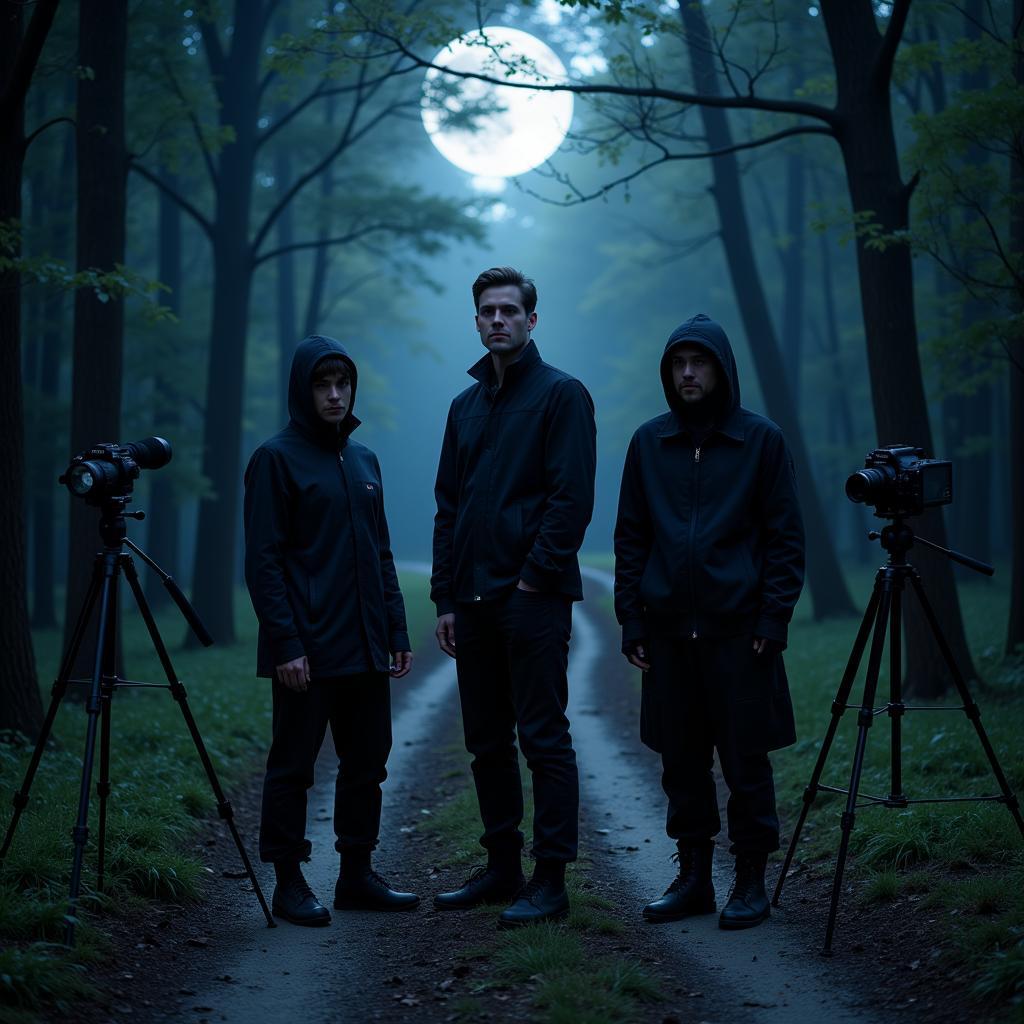 Paranormal investigators with equipment in Research Forest at night